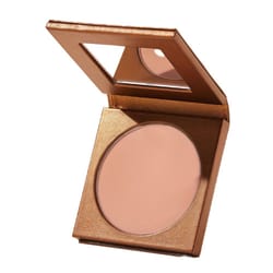 Compact powder makeup in a golden square case with a mirror inside the lid.