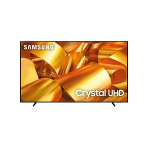 Samsung 75\“ Smart TV with Crystal UHD display technology, featuring a sleek black frame and vibrant orange-gold visual design.