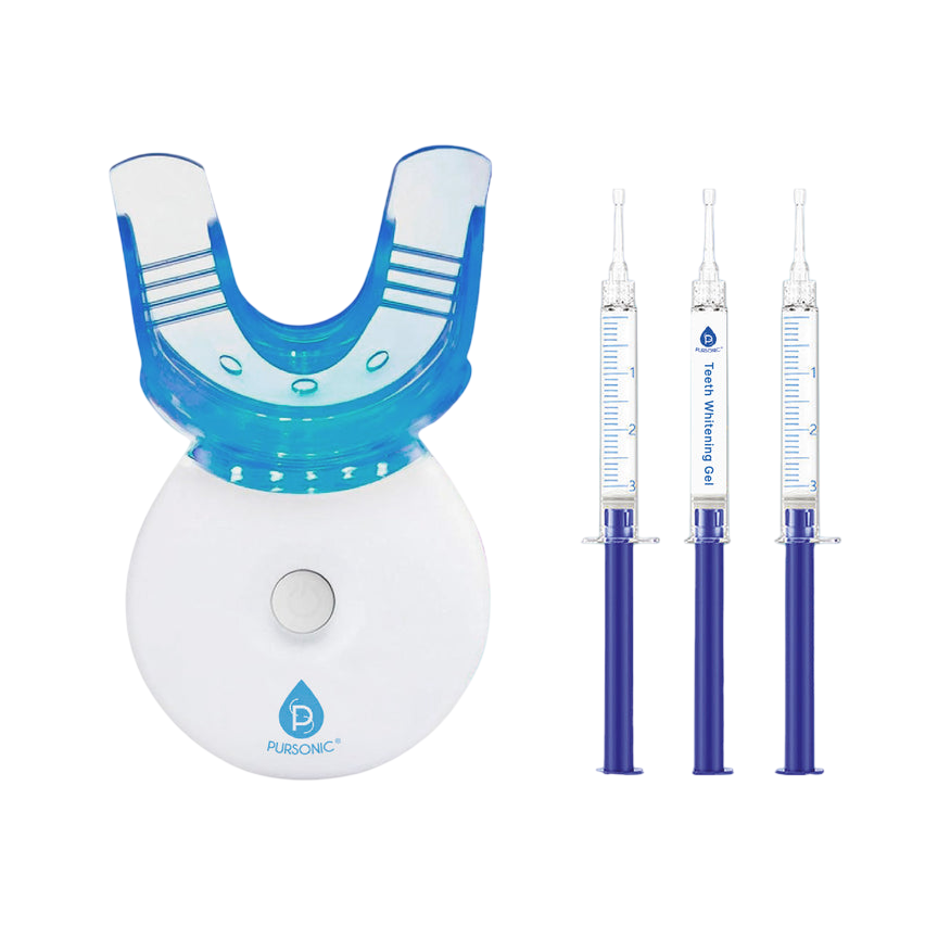 Teeth whitening kit with a blue LED mouth tray and three syringes of whitening gel.