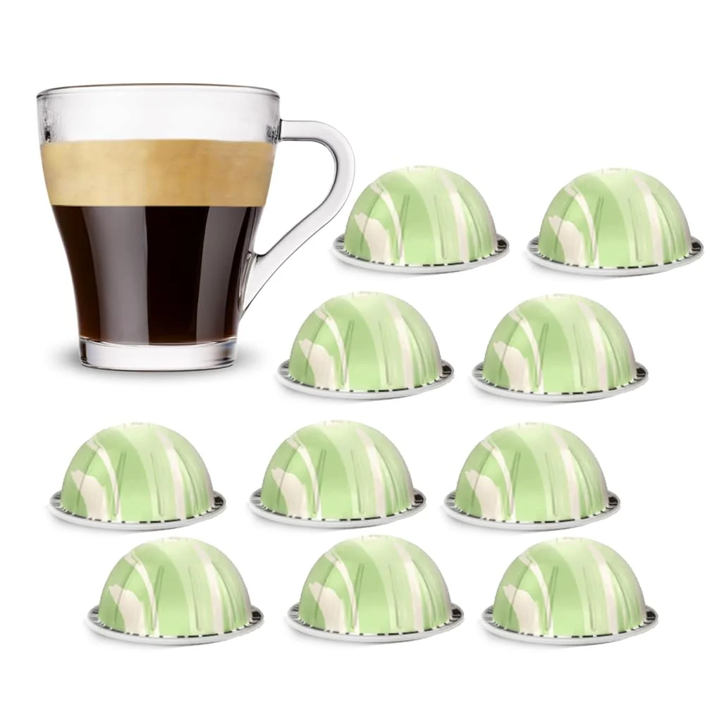 A cup of espresso is shown alongside nine light green coffee pods compatible with certain capsule coffee machines.