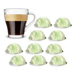 A cup of espresso is shown alongside nine light green coffee pods compatible with certain capsule coffee machines.