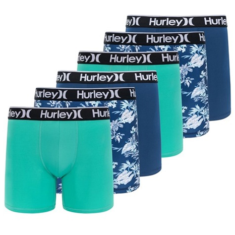 The 6-pack of Hurley boxer briefs includes a mix of solid teal, solid blue, and blue with tropical patterns, all featuring a black waistband with the Hurley logo.