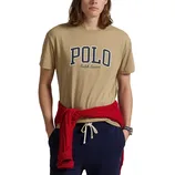 A person is wearing a beige T-shirt with \“POLO Ralph Lauren\“ printed on it, paired with navy pants and a red sweater tied around the waist.