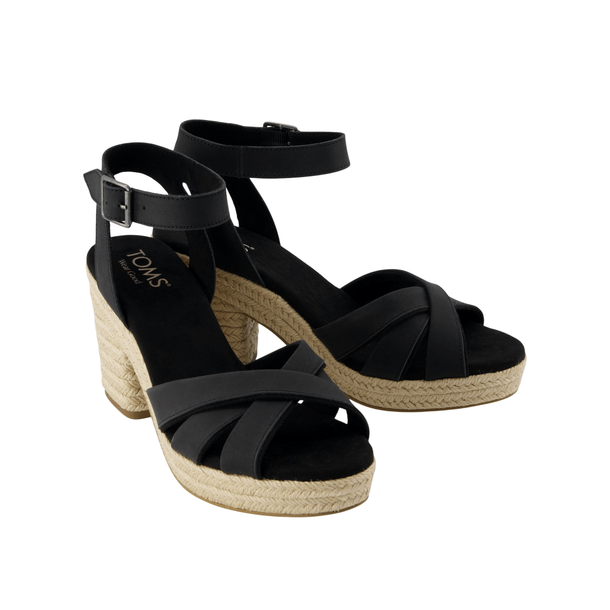 Black wedge sandals with ankle straps and braided jute soles.