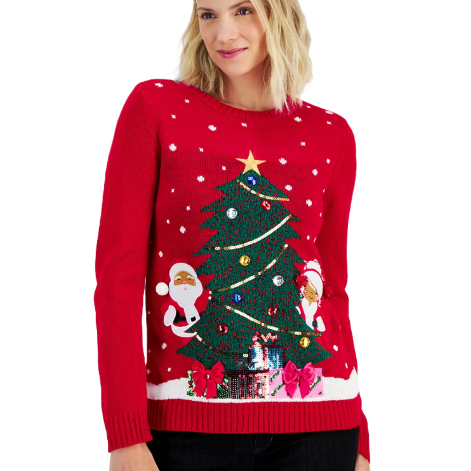 A red holiday sweater featuring a Christmas tree decorated with ornaments, a star at the top, Santa figures on each side, snowflakes, and gift boxes with bows at the bottom.