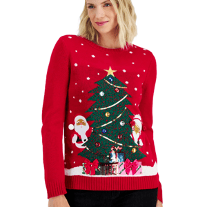 A red holiday sweater featuring a Christmas tree decorated with ornaments, a star at the top, Santa figures on each side, snowflakes, and gift boxes with bows at the bottom.