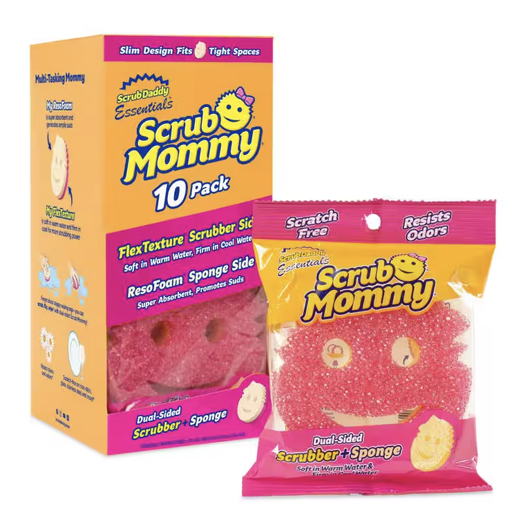 Scrub Mommy 10-pack features pink dual-sided scrubbers with FlexTexture for temperature-controlled scrubbing and ResoFoam for absorbency. Scratch-free and odor-resistant, designed for effective cleaning in tight spaces.