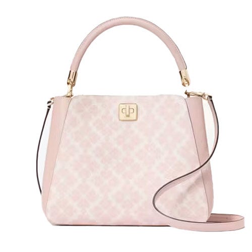 A pink and white handbag.