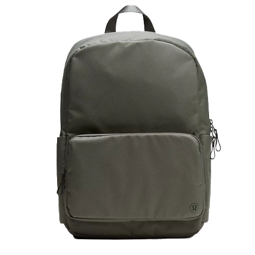 A sleek, gray backpack with a minimalist design featuring a large main compartment, front pocket, side pocket, and subtle logo at the bottom.