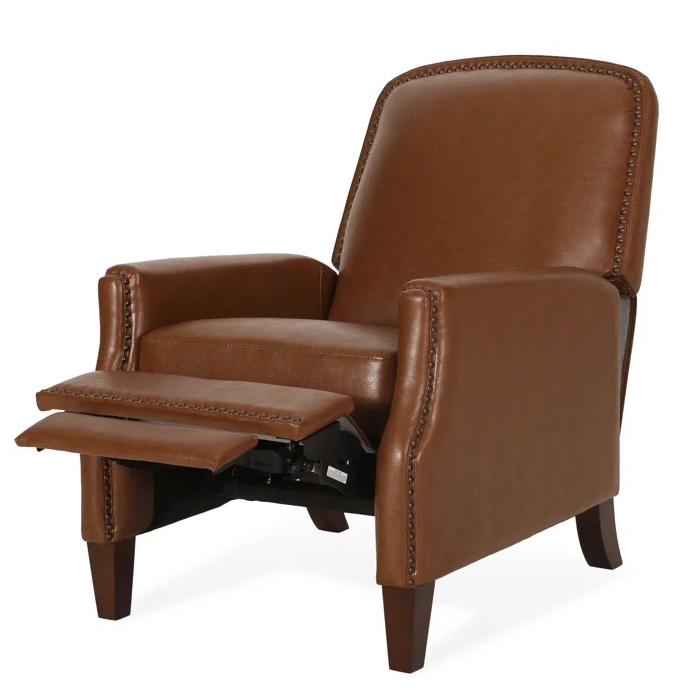 A brown leather recliner chair with nailhead trim details, featuring extended leg support and wooden legs.