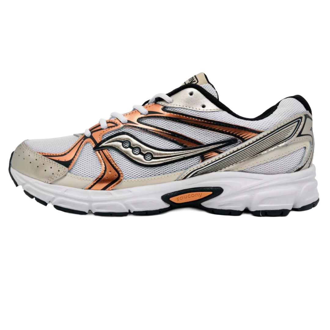 A Saucony running shoe with a white mesh upper, accented by orange and metallic overlays, featuring a white midsole and black outsole.