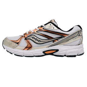 A Saucony running shoe with a white mesh upper, accented by orange and metallic overlays, featuring a white midsole and black outsole.