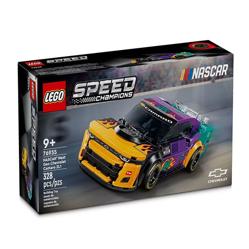 Lego Speed Champions set 76935 features a NASCAR Next Gen Chevrolet Camaro ZL1 with 328 pieces, designed for ages 9 and up. The box shows a colorful, stylized model car with racing details and the NASCAR logo.