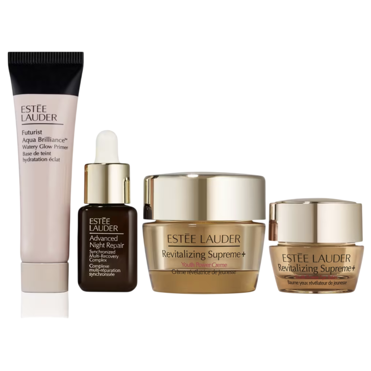 Estee Lauder products: Futurist Aqua Brilliance Watery Glow Primer, Advanced Night Repair Synchronized Multi-Recovery Complex, Revitalizing Supreme+ Youth Power Creme, and Revitalizing Supreme+ Eye Balm.