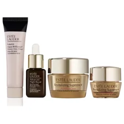 Estee Lauder products: Futurist Aqua Brilliance Watery Glow Primer, Advanced Night Repair Synchronized Multi-Recovery Complex, Revitalizing Supreme+ Youth Power Creme, and Revitalizing Supreme+ Eye Balm.