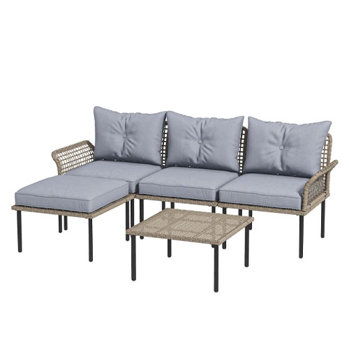 5-piece patio sofa set with a woven wicker frame features three single seats with light gray cushions, a chaise lounge, and a matching square coffee table. Cushions are plush with button tufting, and black metal legs provide sturdy support.