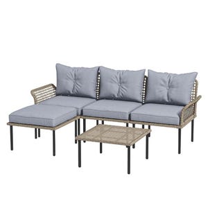 5-piece patio sofa set with a woven wicker frame features three single seats with light gray cushions, a chaise lounge, and a matching square coffee table. Cushions are plush with button tufting, and black metal legs provide sturdy support.