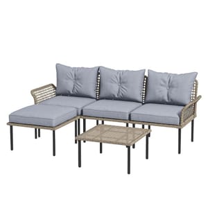 5-piece patio sofa set with a woven wicker frame features three single seats with light gray cushions, a chaise lounge, and a matching square coffee table. Cushions are plush with button tufting, and black metal legs provide sturdy support.