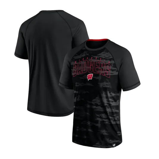 Black short-sleeve athletic T-shirt featuring \“Wisconsin Badgers\“ text and logo in red on a subtle camo pattern front.