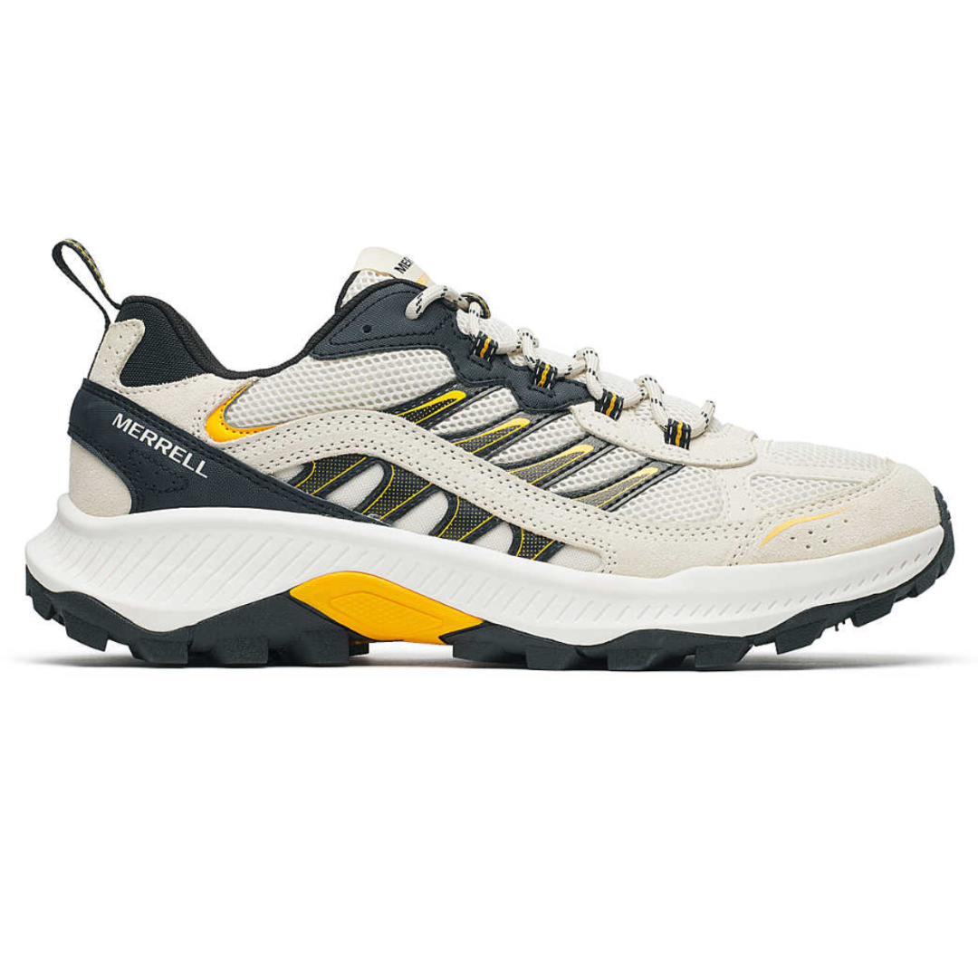Merrell hiking shoe featuring a white, black, and yellow color scheme, with a mesh and synthetic upper, durable outsole, and detailed lace design.