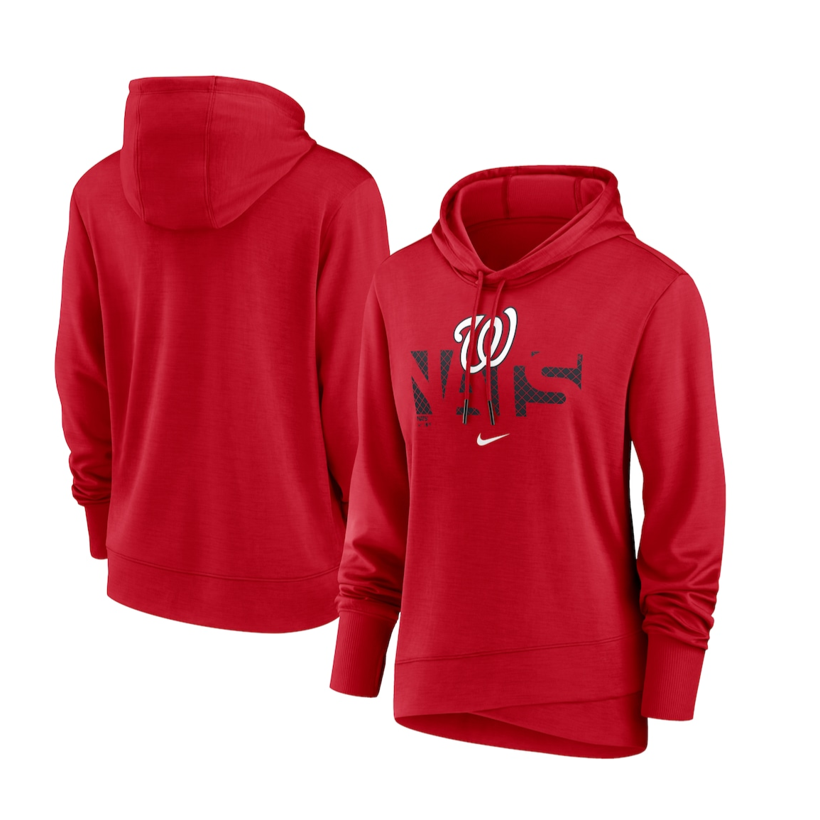 Red Nike hoodie featuring a Washington Nationals logo on the front, with a relaxed fit and adjustable drawstring hood.