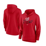 Red Nike hoodie featuring a Washington Nationals logo on the front, with a relaxed fit and adjustable drawstring hood.
