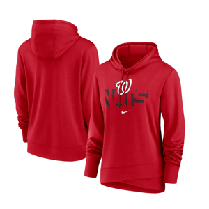 Red Nike hoodie featuring a Washington Nationals logo on the front, with a relaxed fit and adjustable drawstring hood.