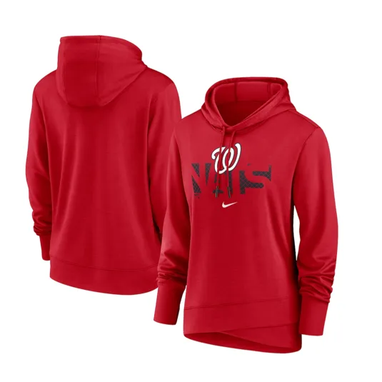 Red Nike hoodie featuring a Washington Nationals logo on the front, with a relaxed fit and adjustable drawstring hood.