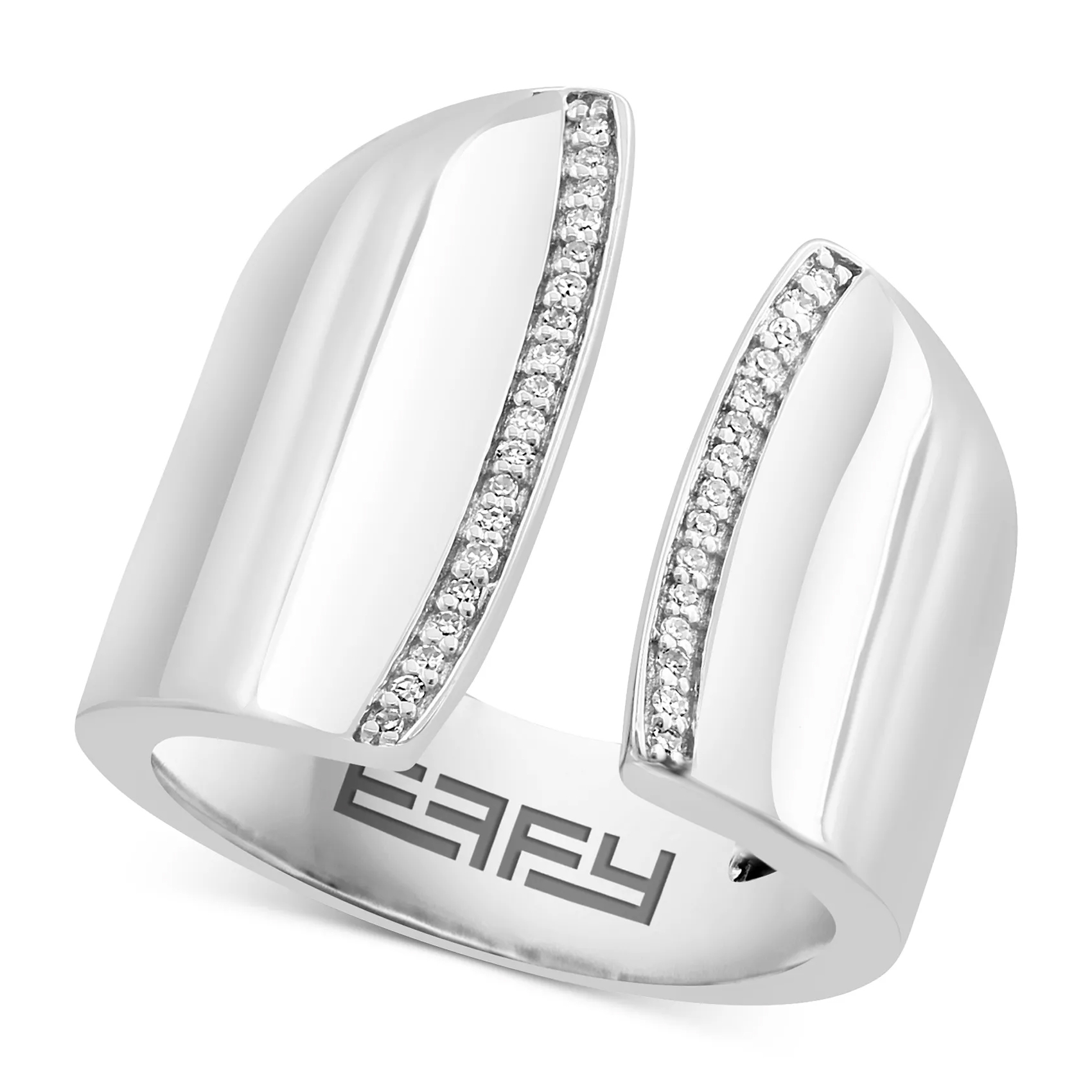 Silver modern ring with an open band design, featuring rows of small diamonds along the edges and a logo engraved inside.