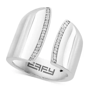 Silver modern ring with an open band design, featuring rows of small diamonds along the edges and a logo engraved inside.