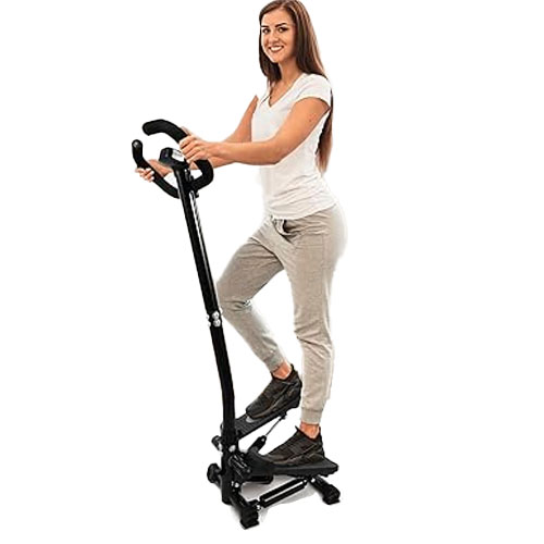 A compact exercise stepper with a handlebar for support, featuring foot pedals and adjustable resistance levels, designed for home workouts.