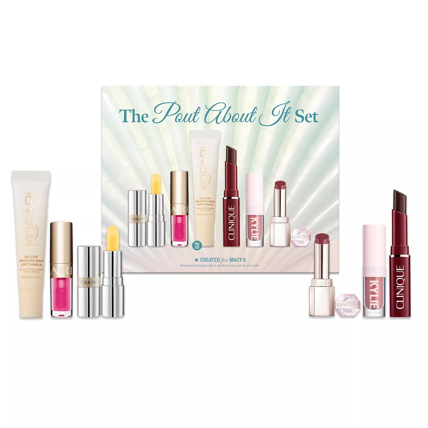 The set includes Kopari Lip Love, Tarte Lip Rescue, Prada balm, Clinique lipstick, Kylie lip product, and Lancôme mini balm, featuring various moisturizing and color options for lips.