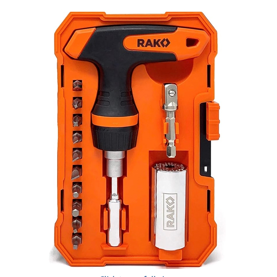 15-piece RAK Socket Tool Kit features a T-handle ratchet screwdriver, various screwdriver bits, a universal socket, and an adapter, all in an orange, compact carrying case.
