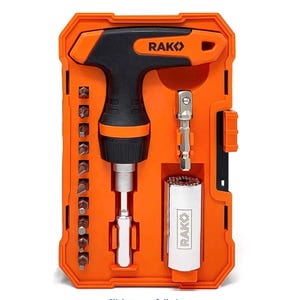15-piece RAK Socket Tool Kit features a T-handle ratchet screwdriver, various screwdriver bits, a universal socket, and an adapter, all in an orange, compact carrying case.