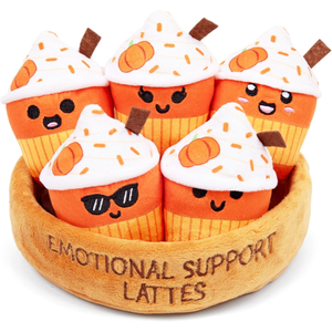 A plush set of five orange and white latte cups with playful faces, housed in a round base labeled \“Emotional Support Lattes.\“