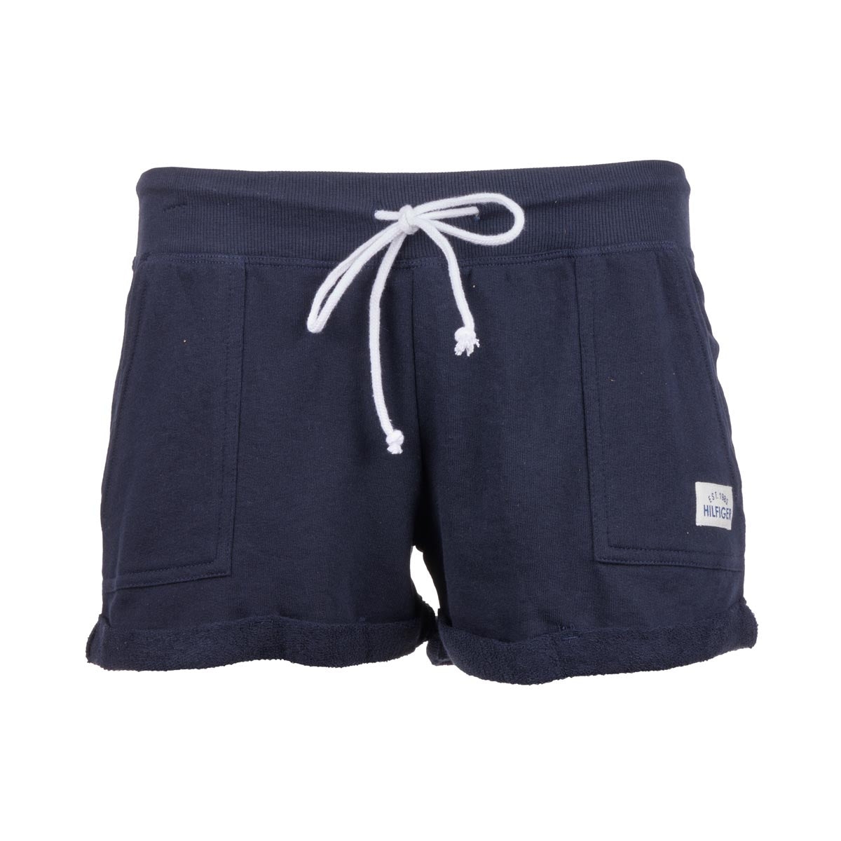 Dark navy blue Tommy Hilfiger Varsity shorts with a white drawstring at the waist and a small logo on the left leg.