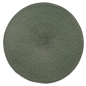 A round, dark green braided rug with a textured pattern.