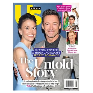 Cover of Us Weekly Magazine featuring headlines about Sutton Foster and Hugh Jackman's rumored romance, iconic celebrity style moments, and Bobby Flay's return with a personal feature.