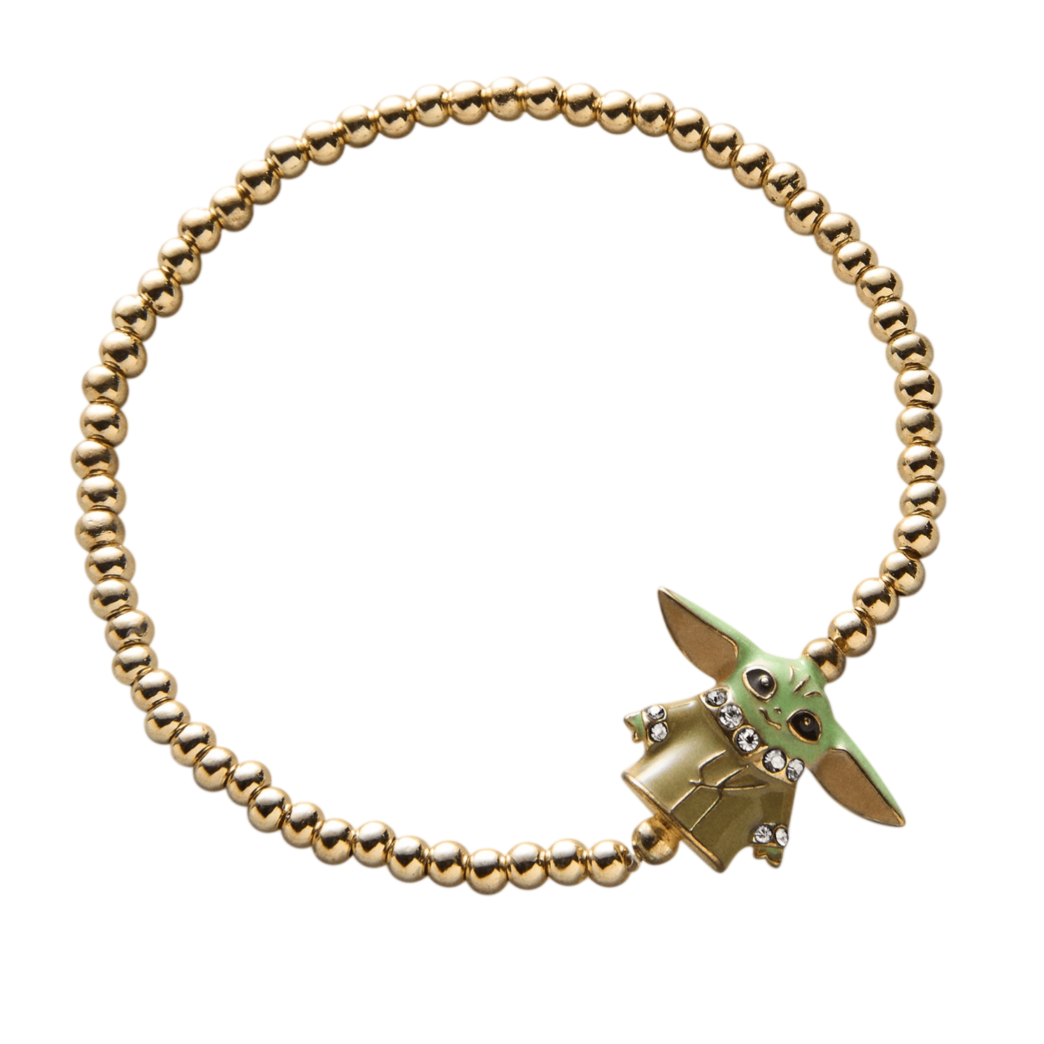 A gold-beaded bracelet featuring a character charm with large ears and crystal embellishments.