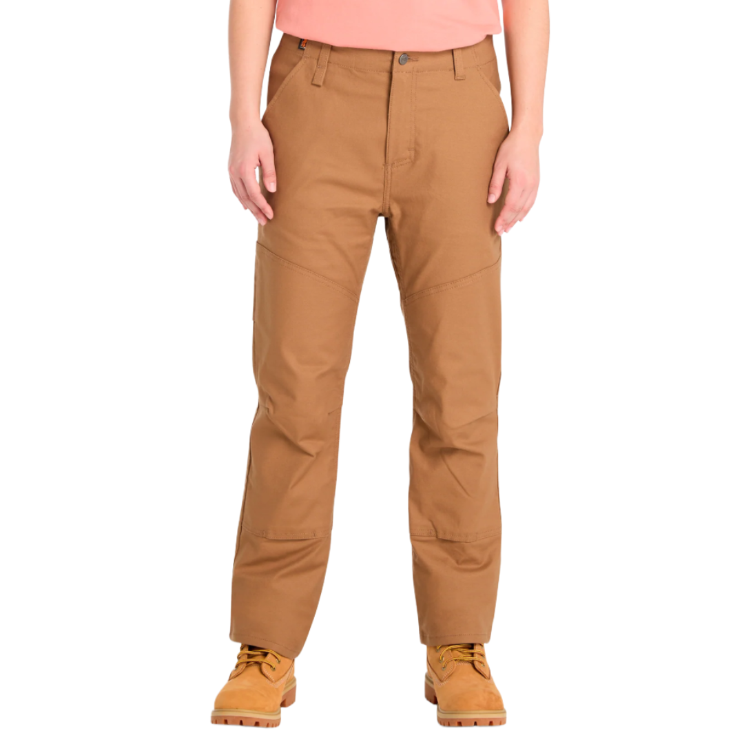 Brown work pants with reinforced knee panels, belt loops, and front pockets, paired with tan work boots.