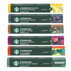 Several varieties of Starbucks coffee capsules are shown, including Blonde Espresso Roast, Espresso Roast, House Blend Lungo, Caffè Verona Ristretto, Single-Origin Colombia, and Pike Place Roast. Each has distinct packaging colors and intensity levels.