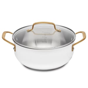 Cuisinart 4.5qt Dutch Oven with a stainless steel body, clear lid, and gold-tone handles. The internal markings show measurements up to 3 liters or 12 cups.