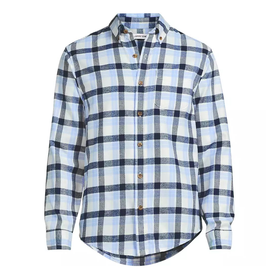 A blue and white checkered long-sleeve shirt with a button-down collar and button front closure.