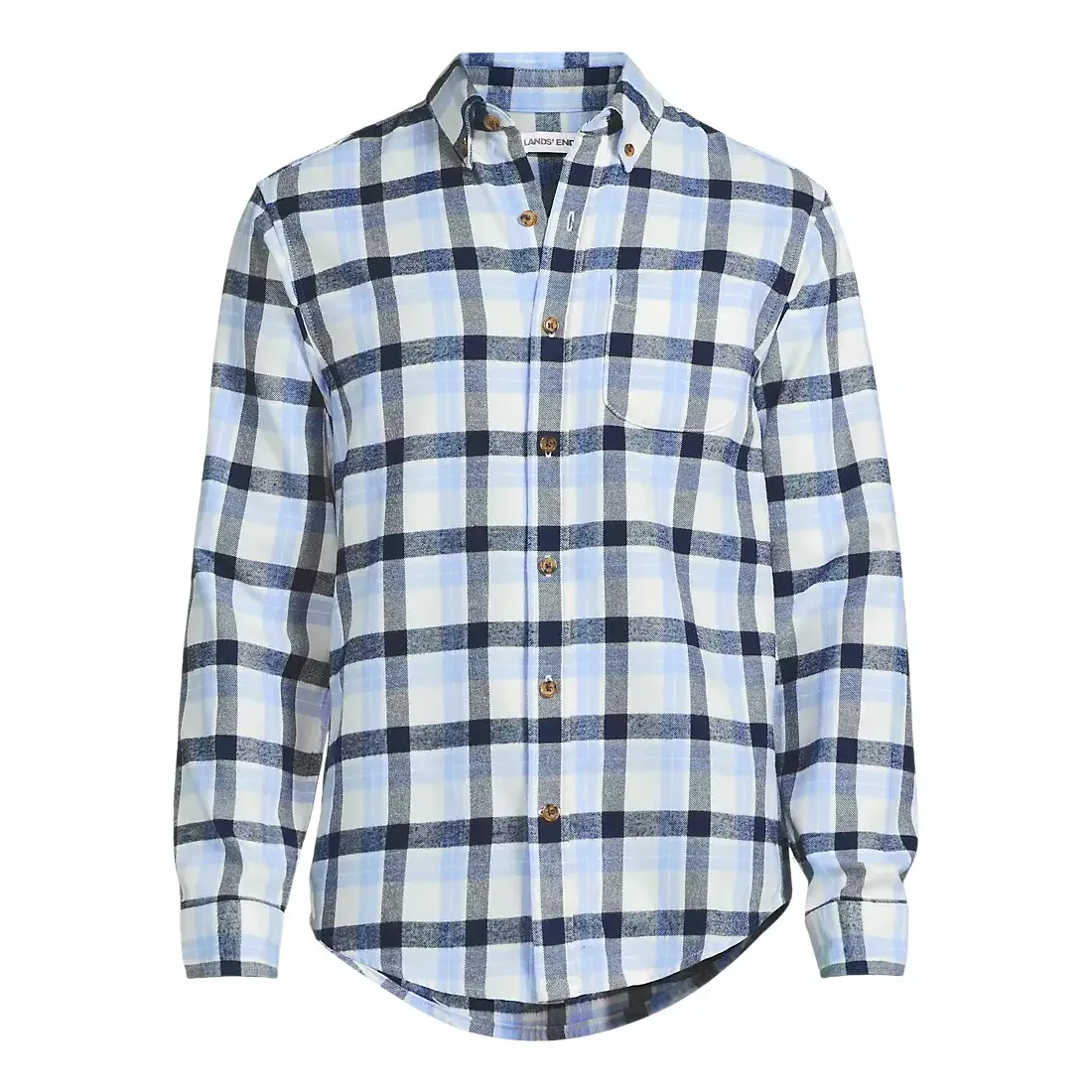 A blue and white checkered long-sleeve shirt with a button-down collar and button front closure.