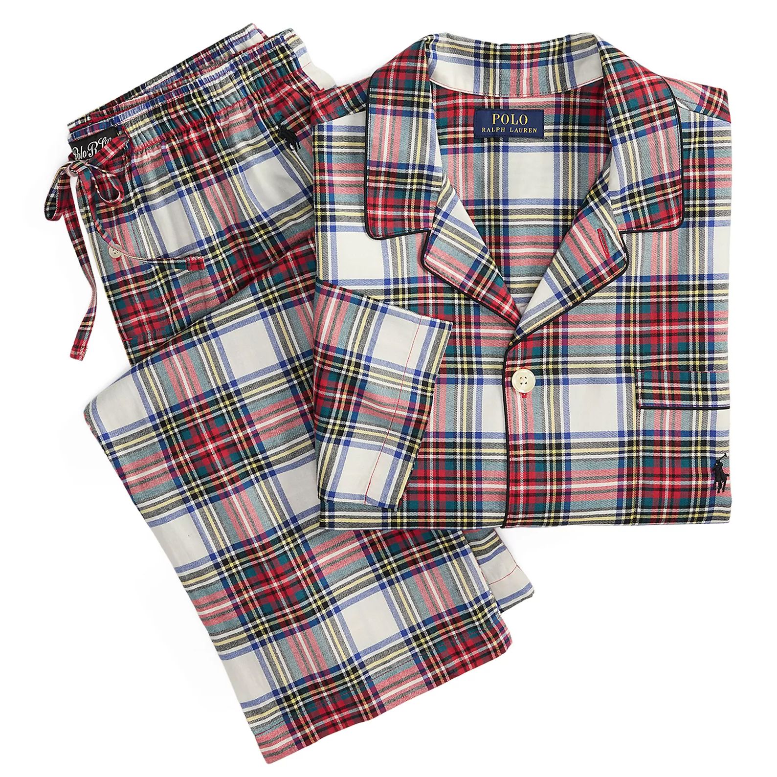 Red and blue plaid pajama set featuring a button-up shirt with collar and a pair of drawstring pants.