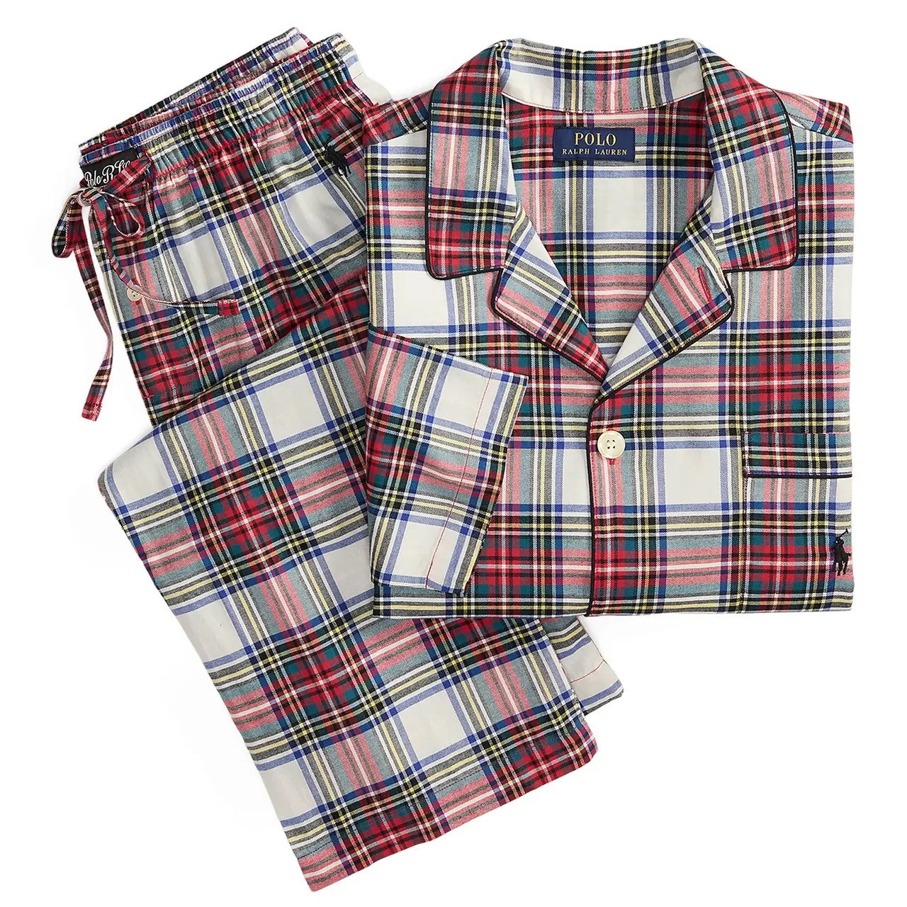 Red and blue plaid pajama set featuring a button-up shirt with collar and a pair of drawstring pants.