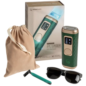 IPL Laser Hair Removal Kit including a laser device, a pouch, sunglasses, and a razor.