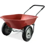 A two-wheeled garden cart with a red plastic tub, metal frame, and black rubberized handle, designed for transporting materials.