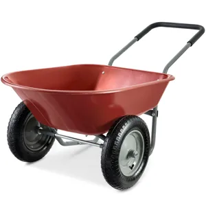 A two-wheeled garden cart with a red plastic tub, metal frame, and black rubberized handle, designed for transporting materials.