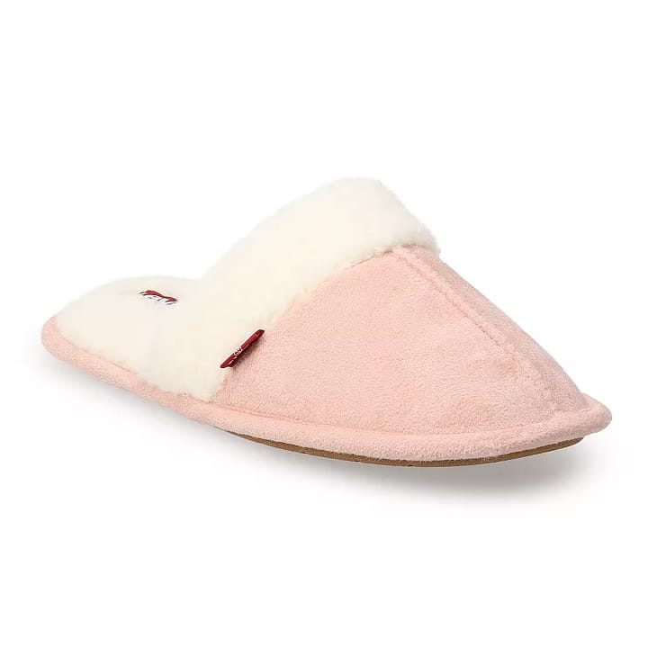 A pink slipper with a fluffy white collar and a soft texture, featuring a small red tag on the side.